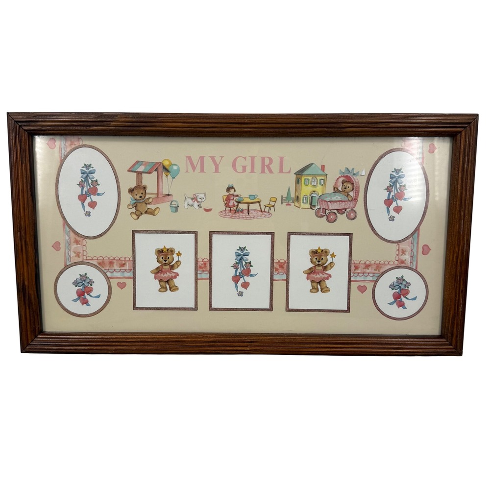 Vintage My Girl Teddy Bear Nursery Wall Art Wood Frame Glass Storybook Decor
